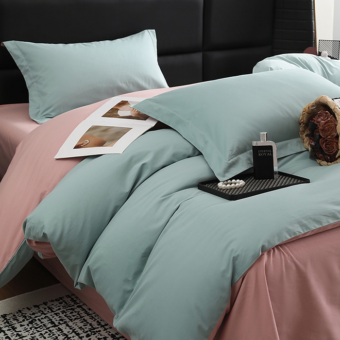 91家纺网 家纺一手货源 找家纺 洽想家 2025新款全棉磨毛纯色四件套 森林绿拼藕粉