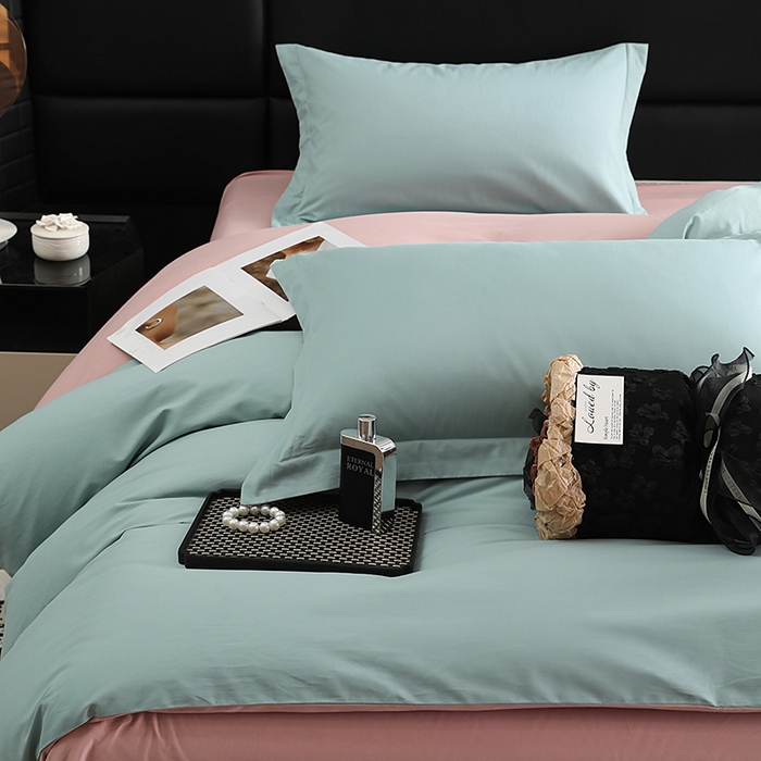 91家纺网 家纺一手货源 找家纺 洽想家 2025新款全棉磨毛纯色四件套 森林绿拼藕粉