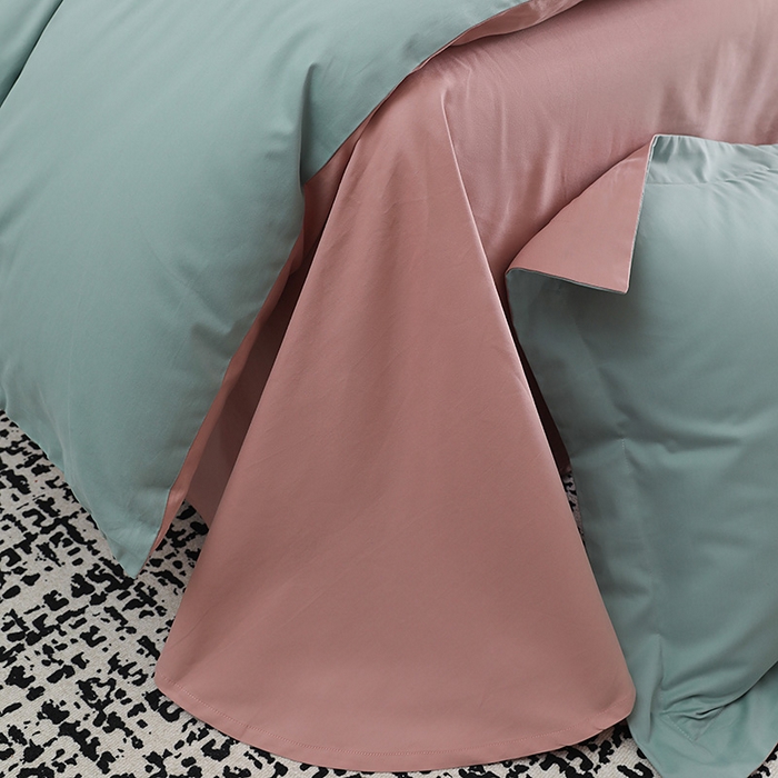 91家纺网 家纺一手货源 找家纺 洽想家 2025新款全棉磨毛纯色四件套 森林绿拼藕粉