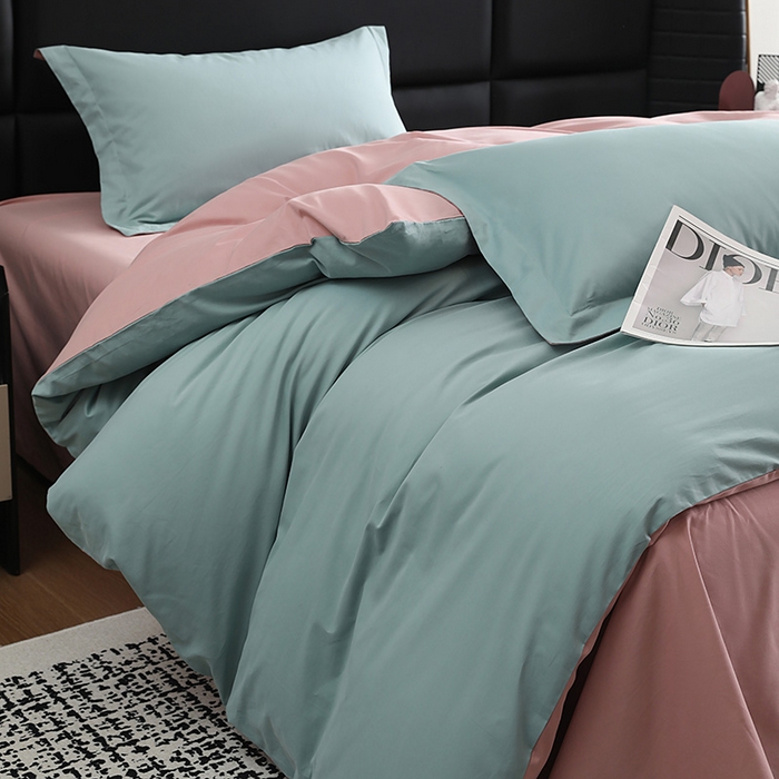 91家纺网 家纺一手货源 找家纺 洽想家 2025新款全棉磨毛纯色四件套 森林绿拼藕粉