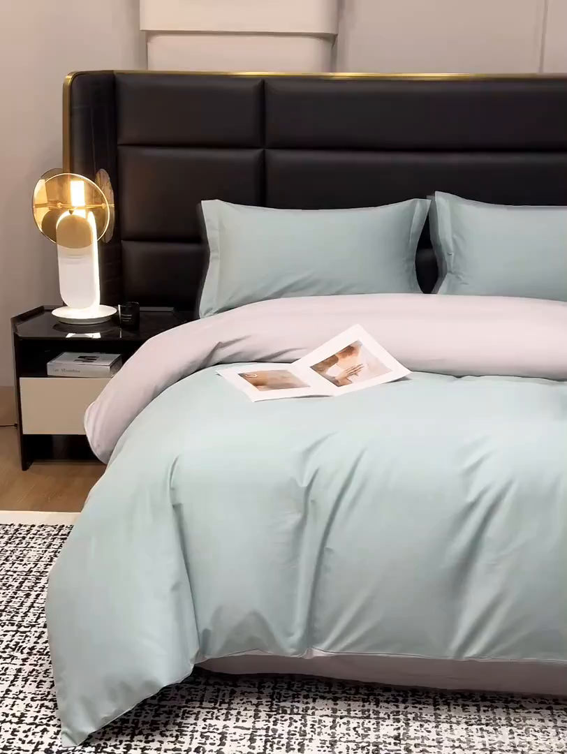 91家纺网 家纺一手货源 找家纺 洽想家 2025新款全棉磨毛纯色四件套 森林绿拼藕粉