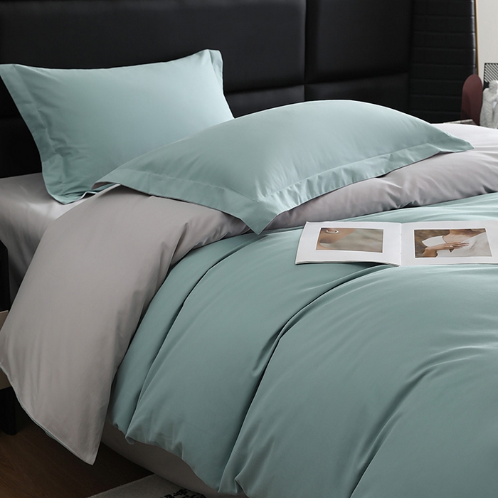 91家纺网 家纺一手货源 找家纺 洽想家 2025新款全棉磨毛纯色四件套 森林绿拼浅灰