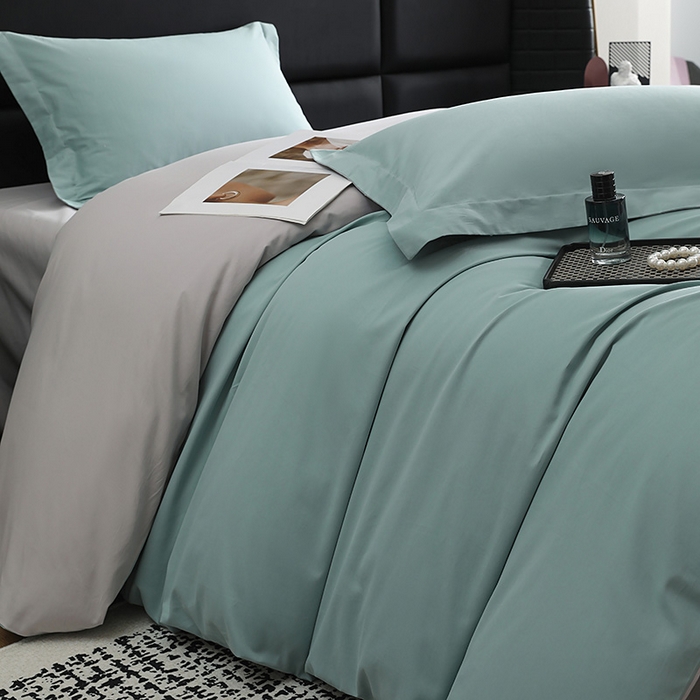 91家纺网 家纺一手货源 找家纺 洽想家 2025新款全棉磨毛纯色四件套 森林绿拼浅灰