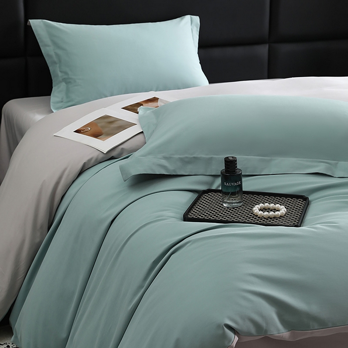 91家纺网 家纺一手货源 找家纺 洽想家 2025新款全棉磨毛纯色四件套 森林绿拼浅灰