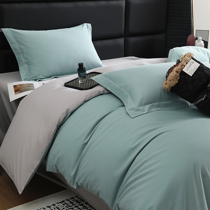 91家纺网 家纺一手货源 找家纺 洽想家 2025新款全棉磨毛纯色四件套 森林绿拼浅灰