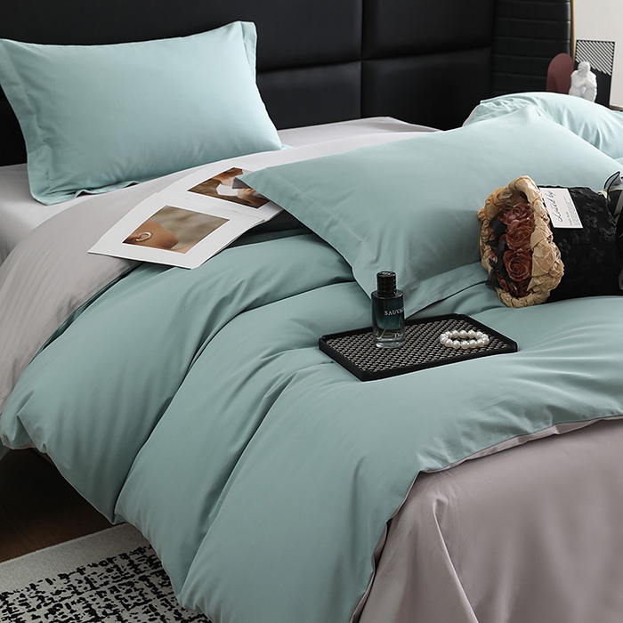 91家纺网 家纺一手货源 找家纺 洽想家 2025新款全棉磨毛纯色四件套 森林绿拼浅灰