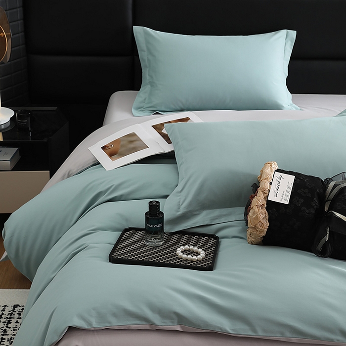 91家纺网 家纺一手货源 找家纺 洽想家 2025新款全棉磨毛纯色四件套 森林绿拼浅灰