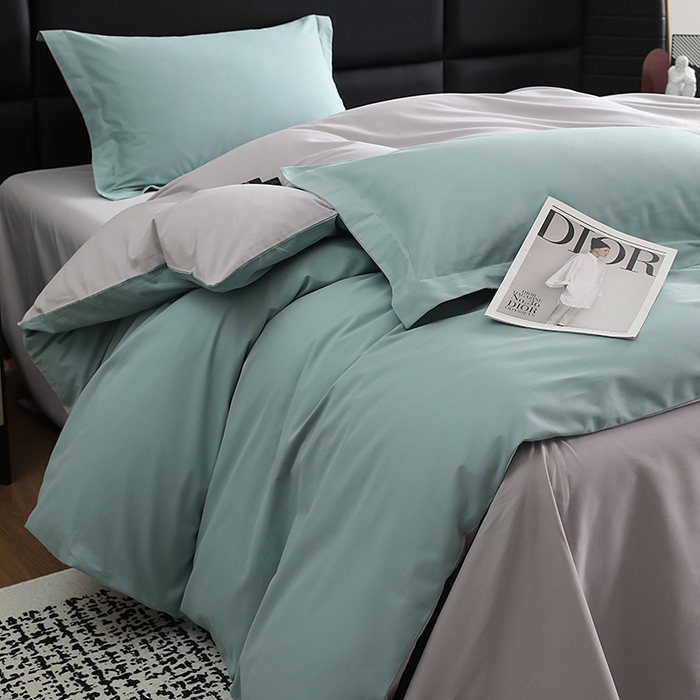 91家纺网 家纺一手货源 找家纺 洽想家 2025新款全棉磨毛纯色四件套 森林绿拼浅灰