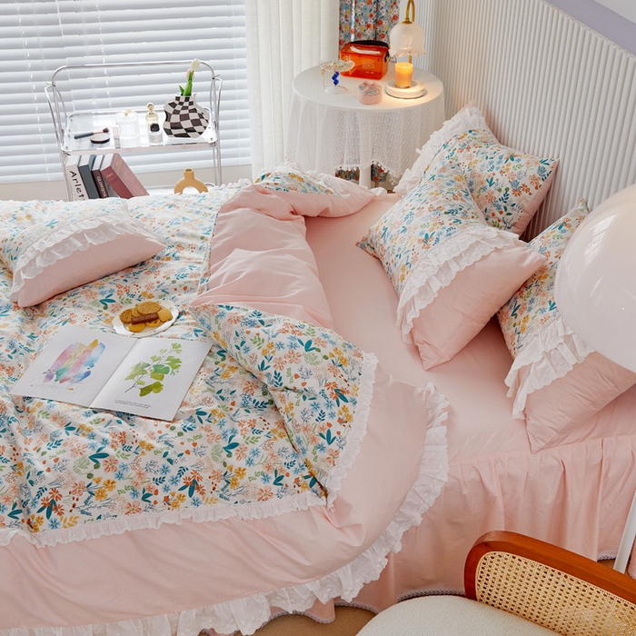 91家纺网 家纺一手货源 找家纺 亲亲公主 2025全棉蕾丝花边床裙公主风四件套 甜心花园-玉色