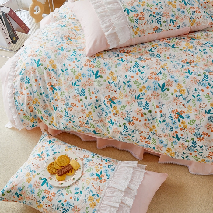 91家纺网 家纺一手货源 找家纺 亲亲公主 2025全棉蕾丝花边床裙公主风四件套 甜心花园-玉色