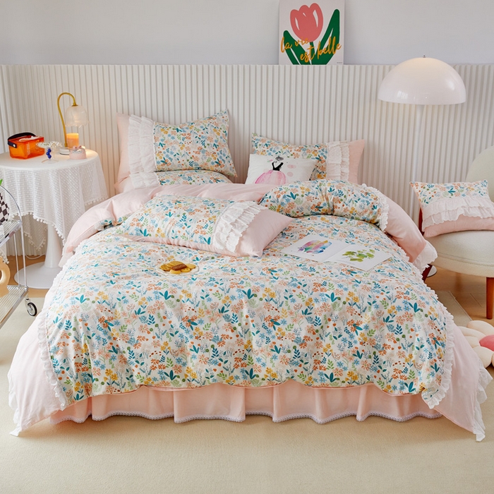 91家纺网 家纺一手货源 找家纺 亲亲公主 2025全棉蕾丝花边床裙公主风四件套 甜心花园-玉色