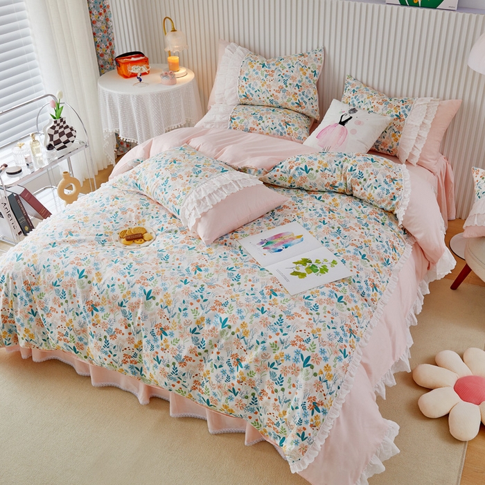 91家纺网 家纺一手货源 找家纺 亲亲公主 2025全棉蕾丝花边床裙公主风四件套 甜心花园-玉色