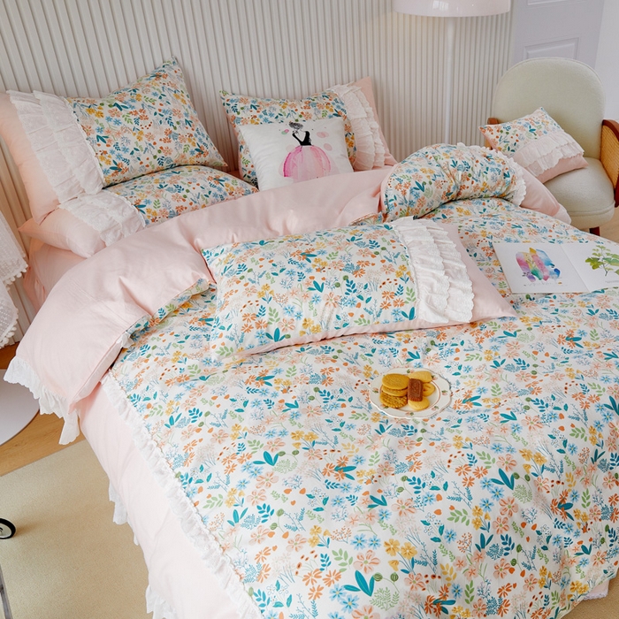 91家纺网 家纺一手货源 找家纺 亲亲公主 2025全棉蕾丝花边床裙公主风四件套 甜心花园-玉色