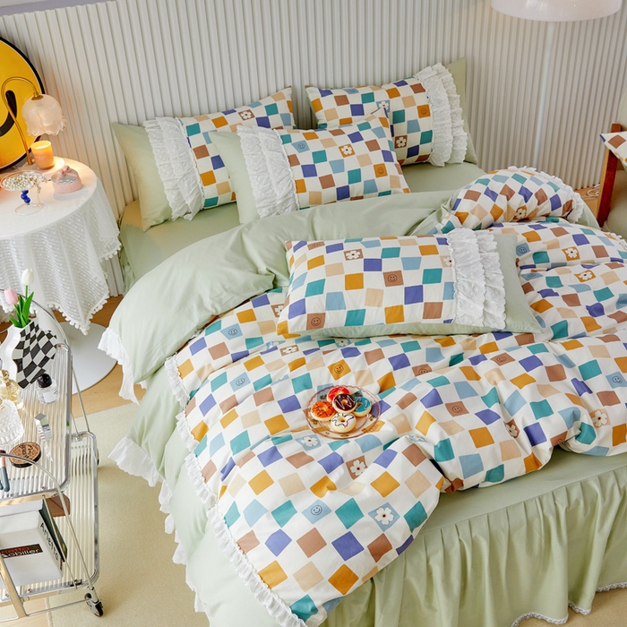 91家纺网 家纺一手货源 找家纺 亲亲公主 2025全棉蕾丝花边床裙公主风四件套 甜心花园-绿色