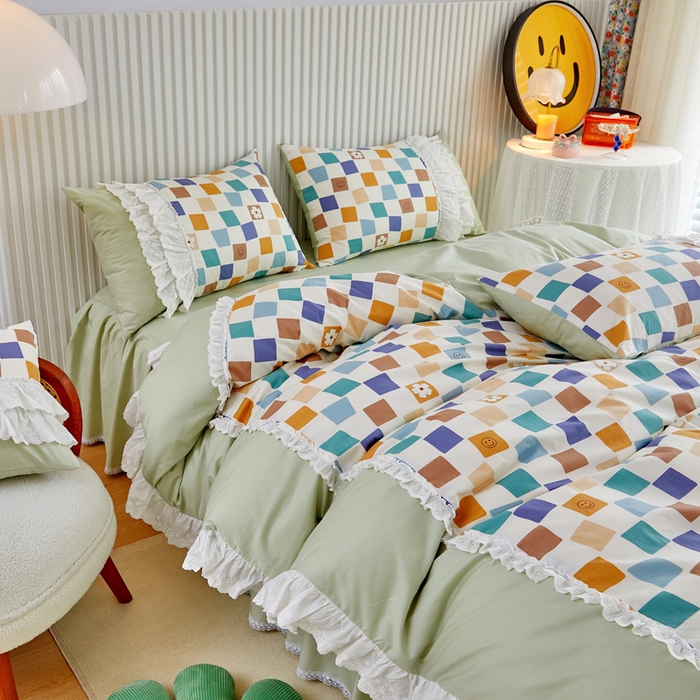 91家纺网 家纺一手货源 找家纺 亲亲公主 2025全棉蕾丝花边床裙公主风四件套 甜心花园-绿色