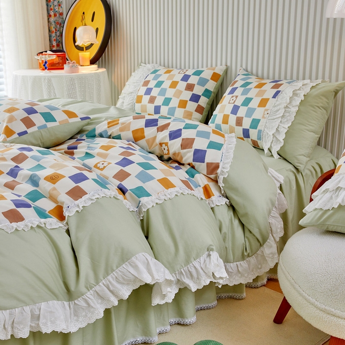 91家纺网 家纺一手货源 找家纺 亲亲公主 2025全棉蕾丝花边床裙公主风四件套 甜心花园-绿色