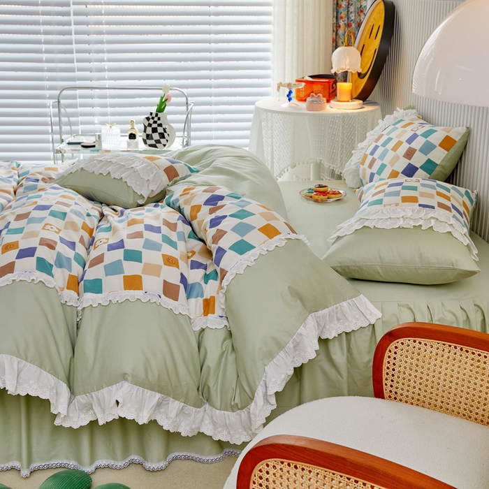 91家纺网 家纺一手货源 找家纺 亲亲公主 2025全棉蕾丝花边床裙公主风四件套 甜心花园-绿色