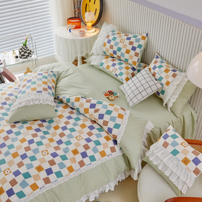 91家纺网 家纺一手货源 找家纺 亲亲公主 2025全棉蕾丝花边床裙公主风四件套 甜心花园-绿色