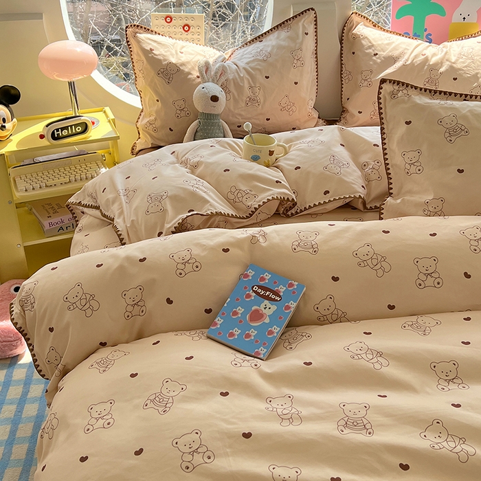 思诺羽床笠 2025新款亲肤棉贝壳花边四件套 贝壳边-爱心熊