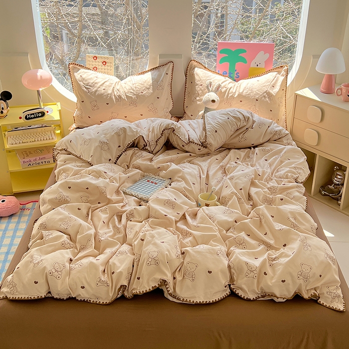 91家纺网 家纺一手货源 找家纺 思诺羽床笠 2025新款亲肤棉贝壳花边四件套 贝壳边-爱心熊