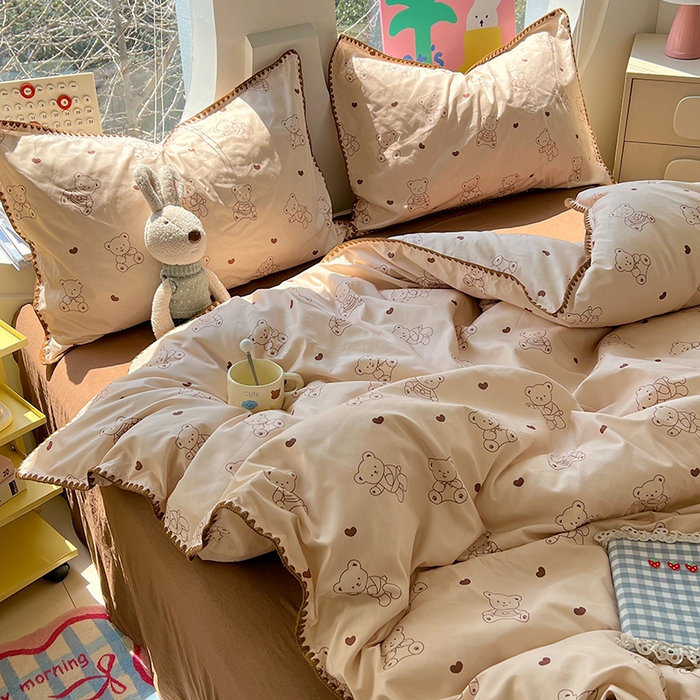 91家纺网 家纺一手货源 找家纺 思诺羽床笠 2025新款亲肤棉贝壳花边四件套 贝壳边-爱心熊