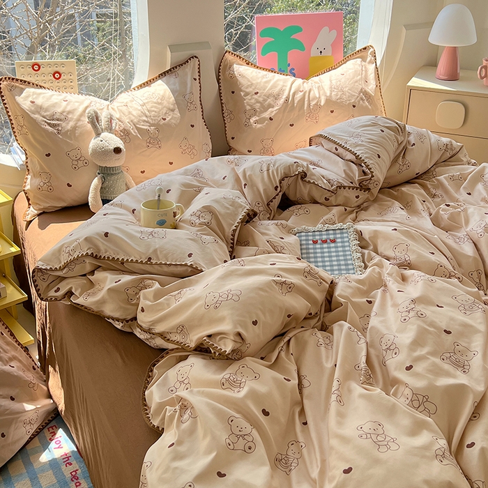 91家纺网 家纺一手货源 找家纺 思诺羽床笠 2025新款亲肤棉贝壳花边四件套 贝壳边-爱心熊