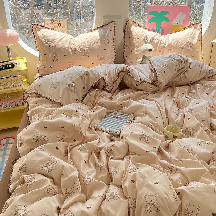 91家纺网 家纺一手货源 找家纺 思诺羽床笠 2025新款亲肤棉贝壳花边四件套 贝壳边-爱心熊