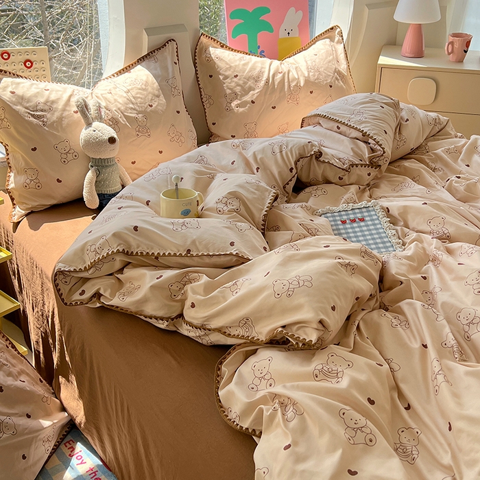 91家纺网 家纺一手货源 找家纺 思诺羽床笠 2025新款亲肤棉贝壳花边四件套 贝壳边-爱心熊