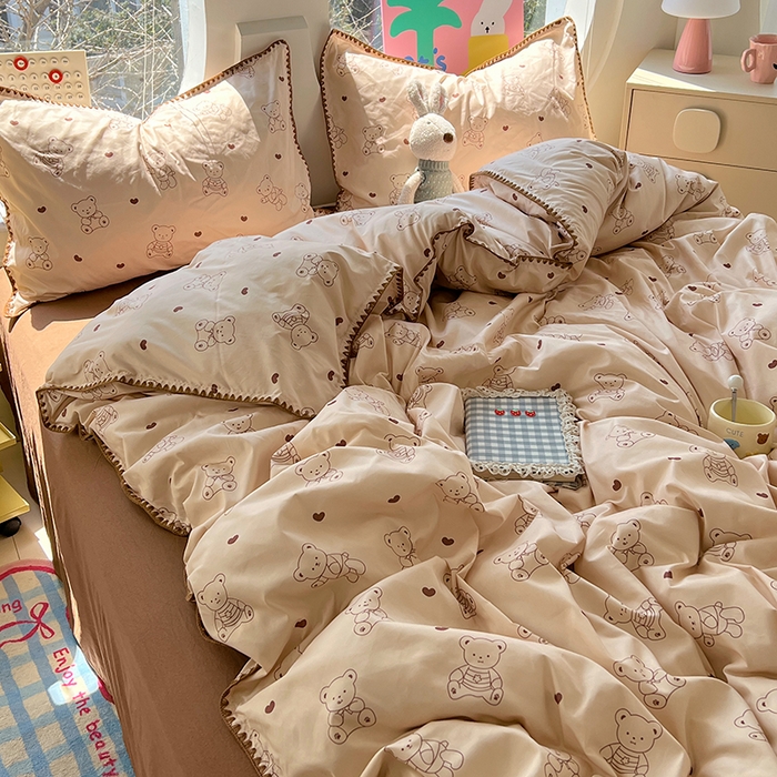 91家纺网 家纺一手货源 找家纺 思诺羽床笠 2025新款亲肤棉贝壳花边四件套 贝壳边-爱心熊