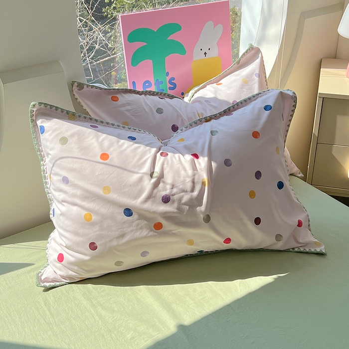 91家纺网 家纺一手货源 找家纺 思诺羽床笠 2025新款亲肤棉贝壳花边四件套 贝壳边-彩色波点