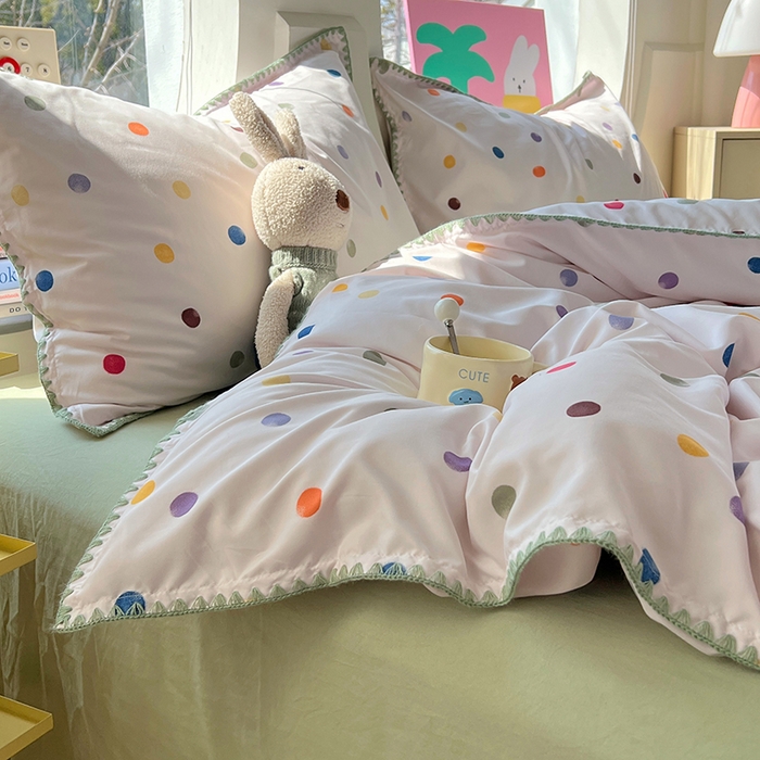 91家纺网 家纺一手货源 找家纺 思诺羽床笠 2025新款亲肤棉贝壳花边四件套 贝壳边-彩色波点