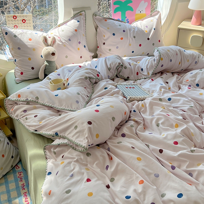 91家纺网 家纺一手货源 找家纺 思诺羽床笠 2025新款亲肤棉贝壳花边四件套 贝壳边-彩色波点