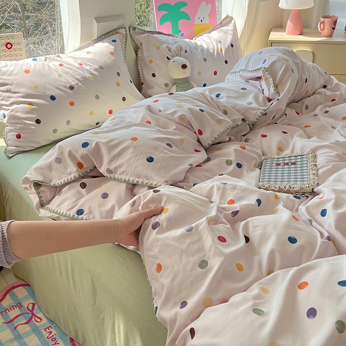 91家纺网 家纺一手货源 找家纺 思诺羽床笠 2025新款亲肤棉贝壳花边四件套 贝壳边-彩色波点