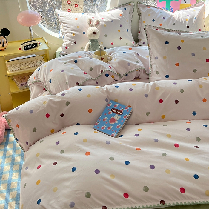 思诺羽床笠 2025新款亲肤棉贝壳花边四件套 贝壳边-彩色波点