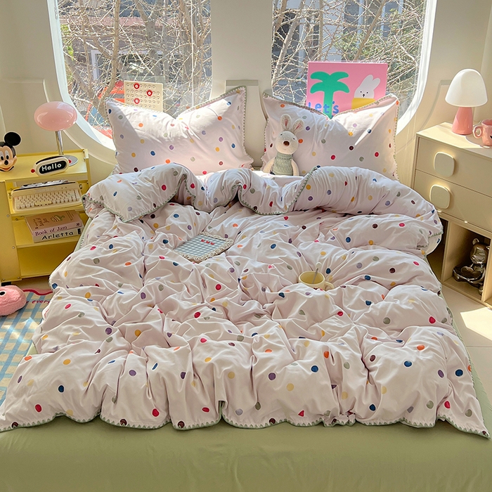 91家纺网 家纺一手货源 找家纺 思诺羽床笠 2025新款亲肤棉贝壳花边四件套 贝壳边-彩色波点