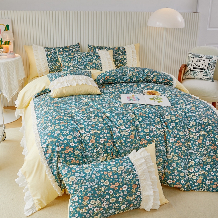 91家纺网 家纺一手货源 找家纺 亲亲公主 2025全棉蕾丝花边床裙公主风四件套 甜心花园-黄色