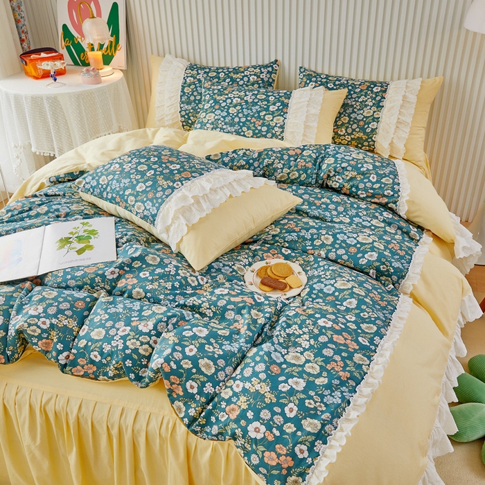 91家纺网 家纺一手货源 找家纺 亲亲公主 2025全棉蕾丝花边床裙公主风四件套 甜心花园-黄色