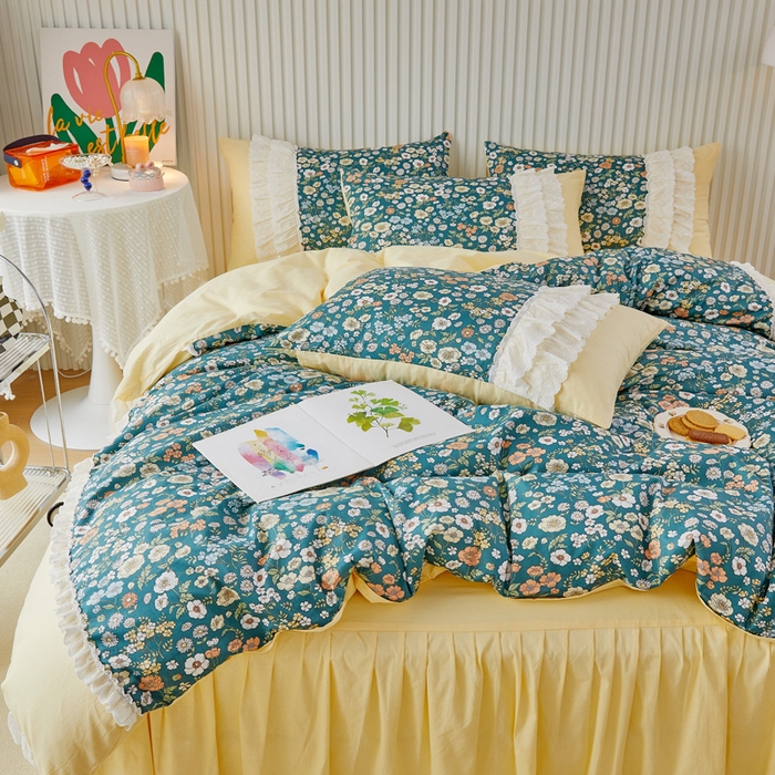 91家纺网 家纺一手货源 找家纺 亲亲公主 2025全棉蕾丝花边床裙公主风四件套 甜心花园-黄色