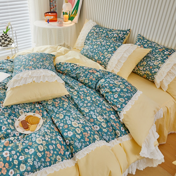 91家纺网 家纺一手货源 找家纺 亲亲公主 2025全棉蕾丝花边床裙公主风四件套 甜心花园-黄色