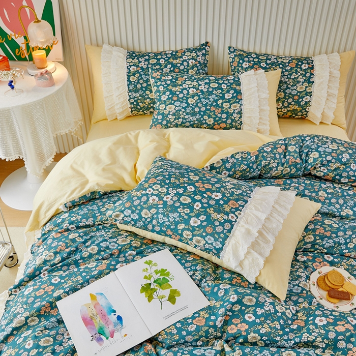 91家纺网 家纺一手货源 找家纺 亲亲公主 2025全棉蕾丝花边床裙公主风四件套 甜心花园-黄色