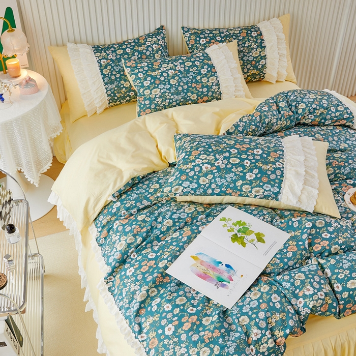 91家纺网 家纺一手货源 找家纺 亲亲公主 2025全棉蕾丝花边床裙公主风四件套 甜心花园-黄色