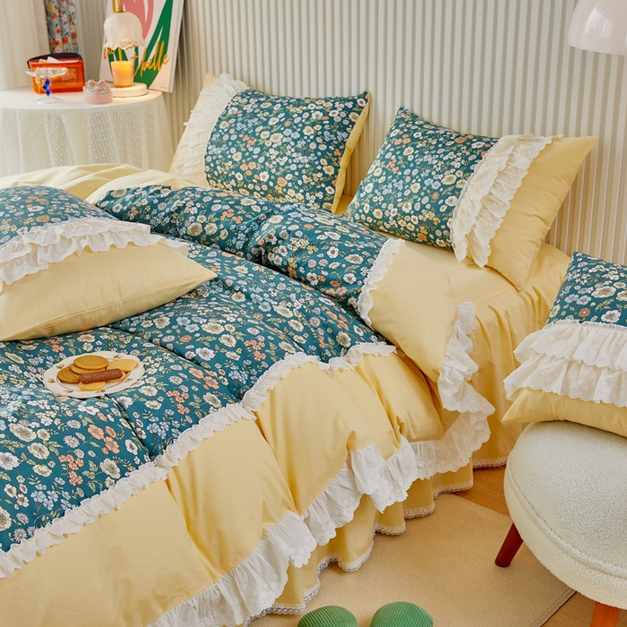 91家纺网 家纺一手货源 找家纺 亲亲公主 2025全棉蕾丝花边床裙公主风四件套 甜心花园-黄色