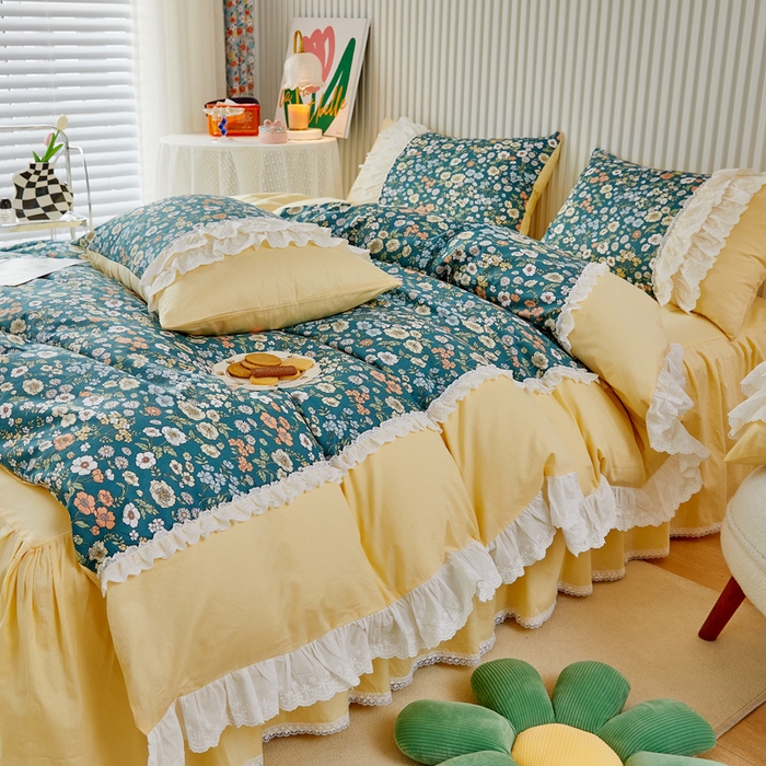 91家纺网 家纺一手货源 找家纺 亲亲公主 2025全棉蕾丝花边床裙公主风四件套 甜心花园-黄色