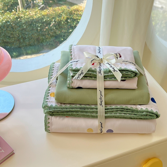 91家纺网 家纺一手货源 找家纺 思诺羽床笠 2025新款亲肤棉贝壳花边四件套 贝壳边-彩色波点