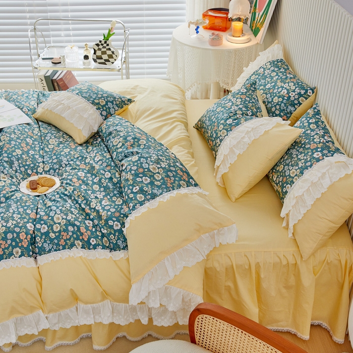 91家纺网 家纺一手货源 找家纺 亲亲公主 2025全棉蕾丝花边床裙公主风四件套 甜心花园-黄色