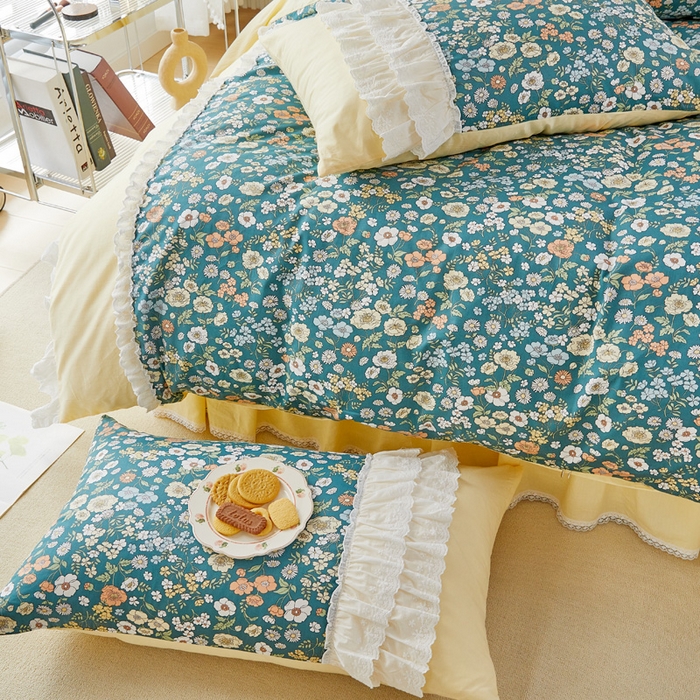 91家纺网 家纺一手货源 找家纺 亲亲公主 2025全棉蕾丝花边床裙公主风四件套 甜心花园-黄色