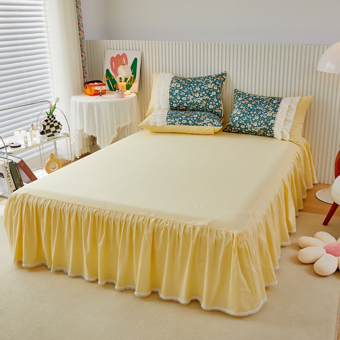 91家纺网 家纺一手货源 找家纺 亲亲公主 2025全棉蕾丝花边床裙公主风四件套 甜心花园-黄色