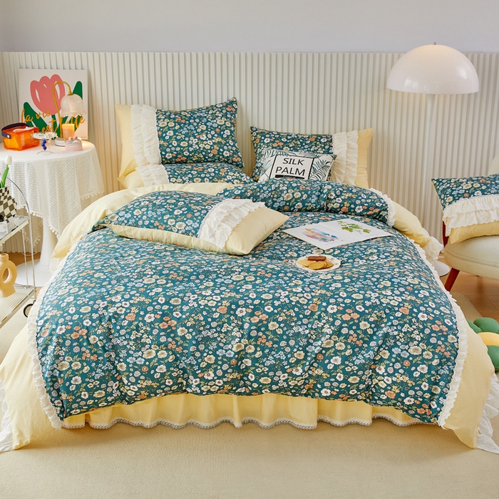 91家纺网 家纺一手货源 找家纺 亲亲公主 2025全棉蕾丝花边床裙公主风四件套 甜心花园-黄色