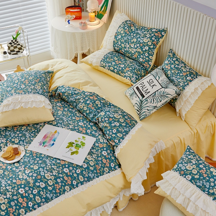 91家纺网 家纺一手货源 找家纺 亲亲公主 2025全棉蕾丝花边床裙公主风四件套 甜心花园-黄色