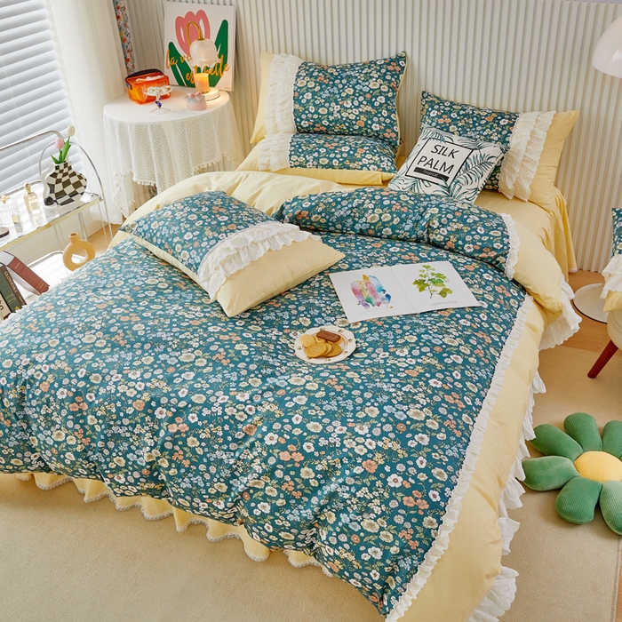 91家纺网 家纺一手货源 找家纺 亲亲公主 2025全棉蕾丝花边床裙公主风四件套 甜心花园-黄色